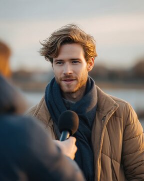 Man with a beard and scarf is being interviewed outdoors by a river.