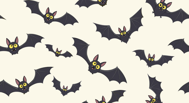 A spooky collection of cartoon bats flying across a pale background.