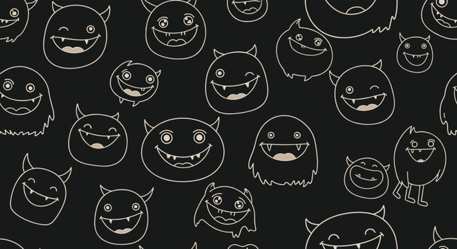 A repeating pattern of cute cartoon monsters with big smiles and sharp teeth drawn in white outlines on a black background.