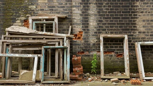 Dilapidated window frames by brick wall: A pile of weathered window frames rests against an aged brick wall, a testament to time and abandonment. Each frame whispers stories of neglect and decay.