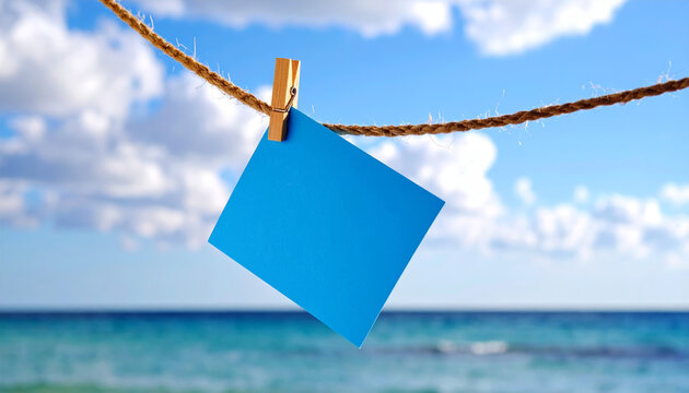 Blue sticky note on rope by ocean for marketing plan brainstorming strategy business idea creativity note planning teamwork inspiring scene
