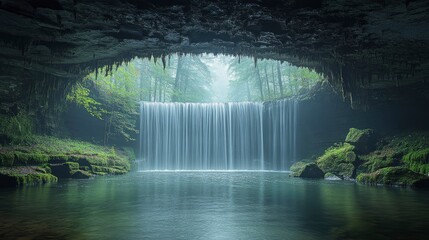 Serene Waterfall Cascading Through Moss-Covered Cave in Forest