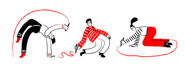 A trendy vector set featuring stylized people in dynamic poses actively drawing lines and shapes with pens and pencils, perfect for art creative workshop promotion, and abstract design concepts.