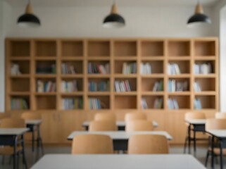 Blurred view of a classroom with desks and chairs facing a large bookshelf filled with books, illuminated by hanging pendant lights.