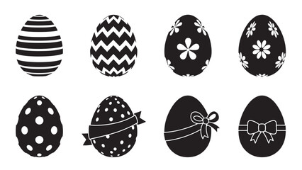 Collection of eight decorative easter egg silhouettes with various patterns isolated on white background