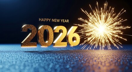 Golden 2026 new year celebration with sparkling fireworks on a reflective surface