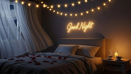 Couple watching the moon over a lake with fireflies and a good night message above