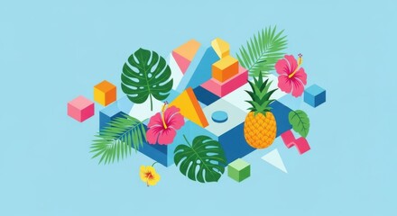 Abstract tropical summer geometric composition with pineapple and flowers
