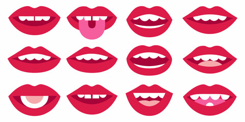 Set of red lips with different expressions and teeth variations isolated