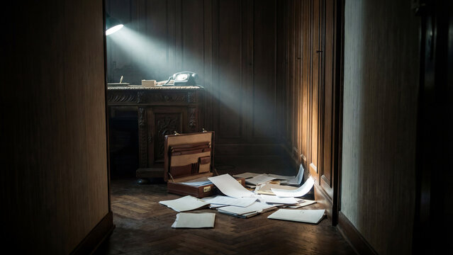 Scattered documents on the floor of a dark vintage office. A cinematic beam of light creates an atmosphere of mystery, suspense, and discovery. - Powered by Adobe