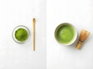 Overhead shot of matcha tea preparation: powder in a glass bowl, chashaku spoon, whisked tea in a ceramic bowl, and chasen whisk on a white background.