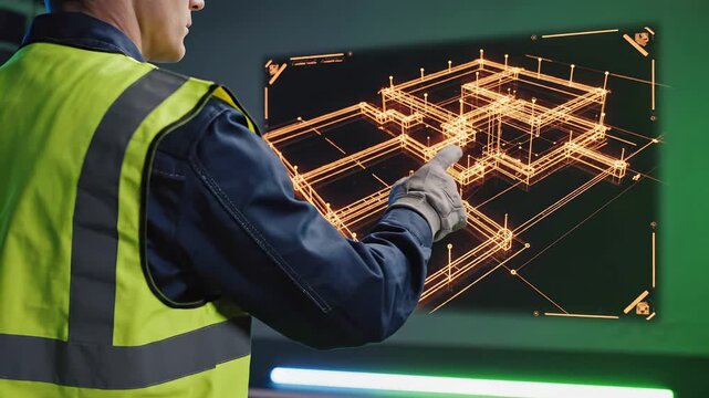 Construction worker in safety vest interacting with holographic architectural blueprint. Digital wireframe floorplan visualization for building design and engineering project planning. Advanced bim
