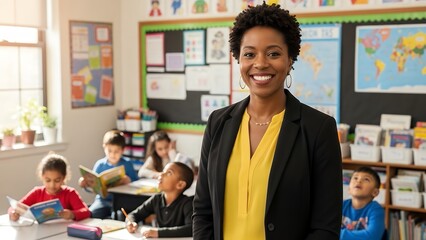 A smiling female teacher standing in a classroom with students sitting at desks and educational posters on the wall.