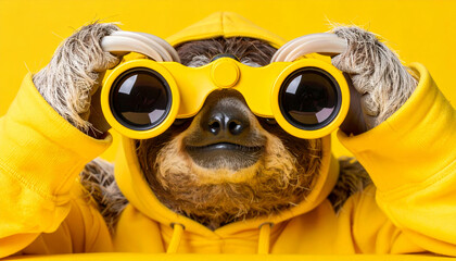 Obraz premium Binoculars vision future business strategy looking search opportunity success focus playful sloth yellow hoodie holding binoculars and gazing