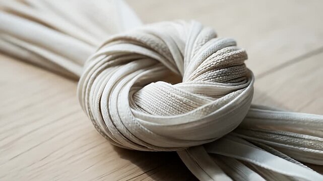 Close-up of a decorative knot made from natural fibers, resting on a light wooden surface.