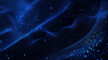 Obraz premium Depth-filled digital illustration of sparkling blue particles tracing geometric grids in a moody blue field