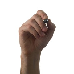 A hand holding a pen or stylus, positioned as if writing or drawing on a transparent surface, against a white background.