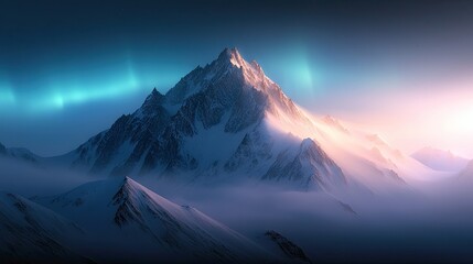 A majestic landscape of snow-covered mountains under a vibrant sky with the Aurora Borealis, creating a dramatic and serene scene.