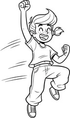 Joyful cartoon child with freckles and a ponytail jumping for joy a black and white line art illustration.
