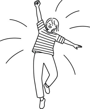 Joyful line art character in a striped shirt jumping with a triumphant fist pump.
