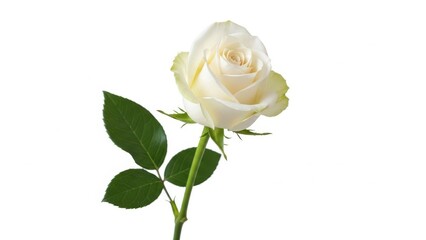 Fototapeta premium Beautiful single white rose with vibrant green leaves