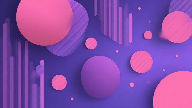 Digital illustration of purple field with pink circles and striped ovals in rhythmic layout - Powered by Adobe
