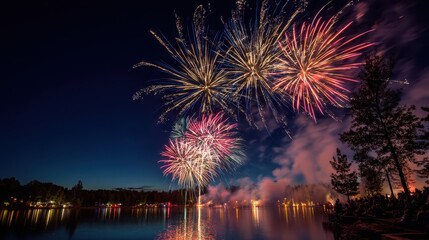 Fototapeta premium Dramatic Fireworks Display in the Night Sky Above a Serene Landscape