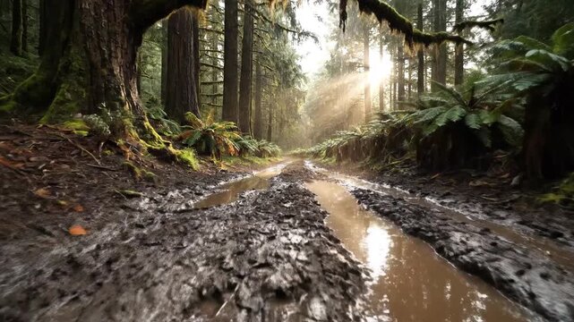 Muddy forest path sunlight rays nature overgrowth damp ground