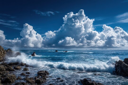 Dramatic blue sky seascape over the deep ocean with billowing clouds and sunbeams