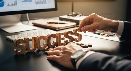 A businessperson carefully places the last letter of SUCCESS on a desk, symbolizing meticulous planning and dedication to achieving the goal.