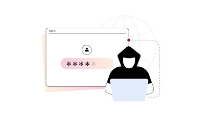 Password security threat visualized in loopable 4K 2D motion graphic. Modern session-hijack scenarios, password token-risk awareness and 2026 AI-powered cybersecurity trends with dynamic transitions