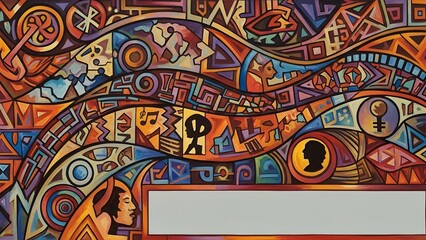 Vibrant abstract illustration with geometric shapes and tribal patterns in shades of orange, blue, and yellow.