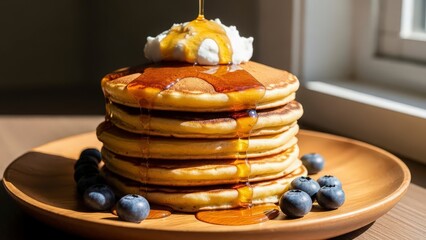 Pouring maple syrup over a tall stack of fluffy pancakes topped with whipped cream and fresh blueberries.