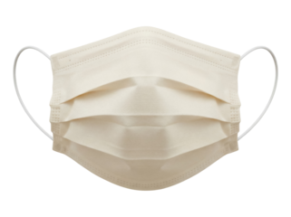 Beige surgical face mask isolated PNG, personal protective equipment for healthcare and medical use on transparent background