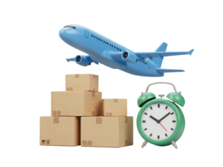 Blue airplane with cardboard boxes and green alarm clock isolated PNG, fast delivery and timely shipping on transparent background