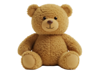 Adorable brown teddy bear sitting isolated PNG, fluffy stuffed animal toy for kids and decoration on transparent background