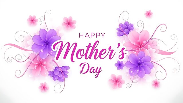 Happy mother's day greeting card design with elegant pink and purple floral elements and decorative swirls on a pristine white background. a loving tribute for mom.
