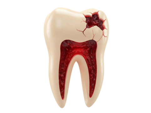Damaged molar tooth isolated PNG on transparent background, dental decay and root canal anatomy for medical and educational use