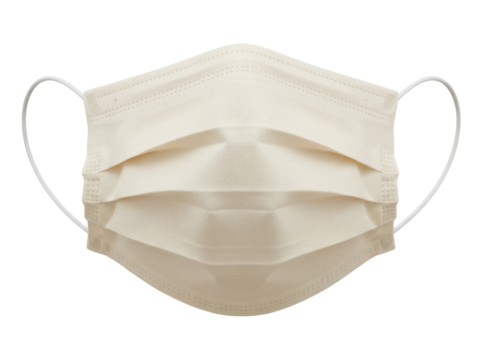 Beige surgical face mask isolated PNG, personal protective equipment for healthcare and medical use on transparent background