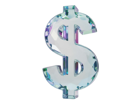 Crystal dollar sign PNG isolated on transparent background, iridescent money symbol for finance and investment concepts