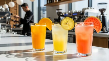Three vibrant citrus drinks with fruit slices on a bright white bar counter in a modern cafe with a barista in the background.