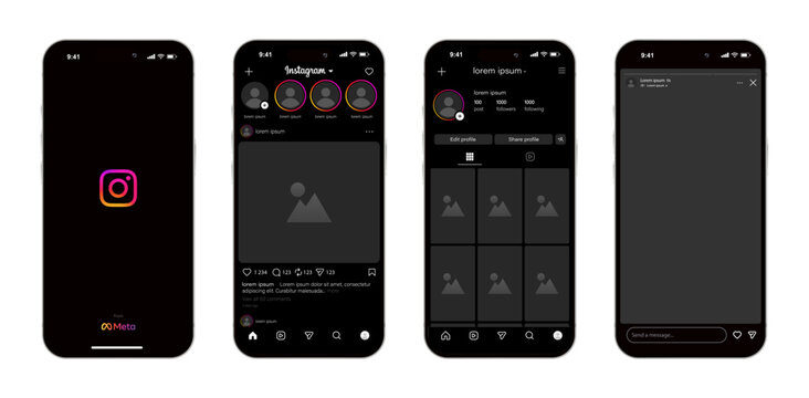 Instagram 2026 mockup black interface. Instagram new update template. New Instagram social media features design