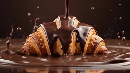 A flaky croissant with glossy, melted chocolate drizzled on top. - Powered by Adobe