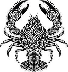 Stylized black and white crab illustration with intricate Celtic knotwork patterns.