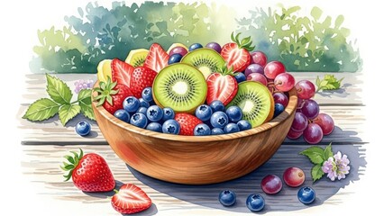 A vibrant watercolor illustration of a wooden bowl overflowing with fresh strawberries, blueberries, kiwi slices, and red grapes on a rustic wooden table.