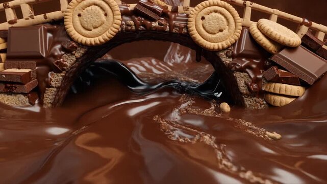 Surreal cookie bridge over a flowing river of liquid chocolate.