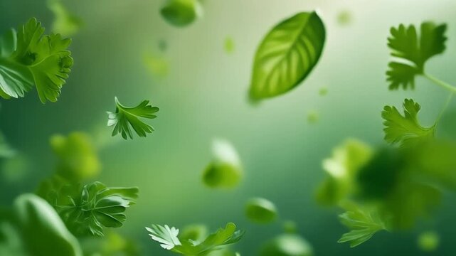 Fresh green herb leaves, parsley and basil, floating on a soft background.