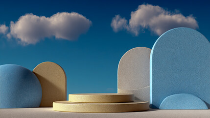 Abstract minimal background for product presentation, with blue and sand colors, soft rounded forms with white elements on the podiums, and a blue sky in the background