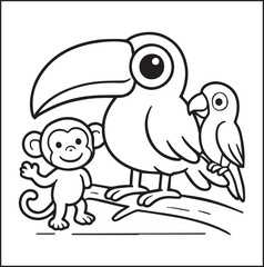 Fototapeta premium Cute adorable toucan coloring page for kids, tropical bird black line art vector illustration doodle