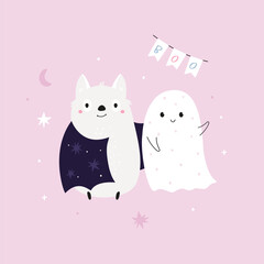 Adorable Ghost and Bat Halloween Art. Cute Spooky Friends for Kids